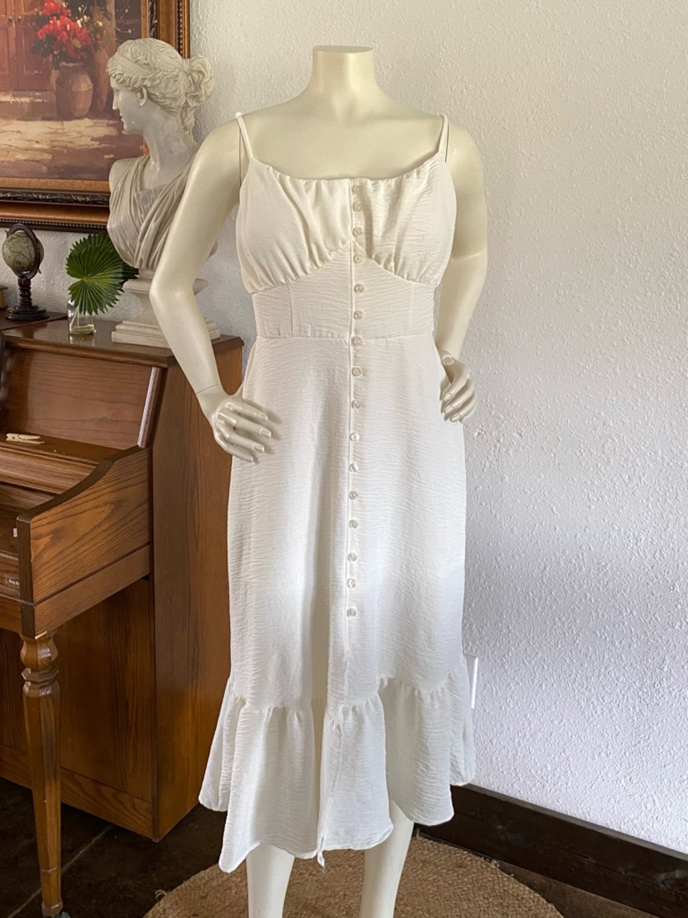 No Boundaries White Button-Front Maxi Dress with Ruffle Hem